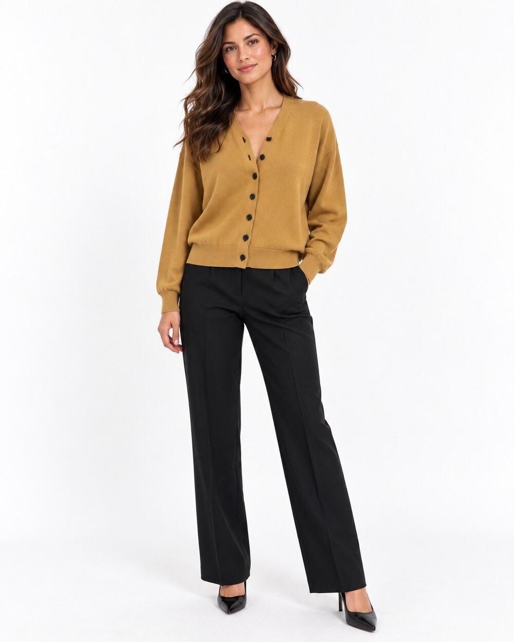 Zara Mustard Gold V-Neck Button Front Knit Cardigan